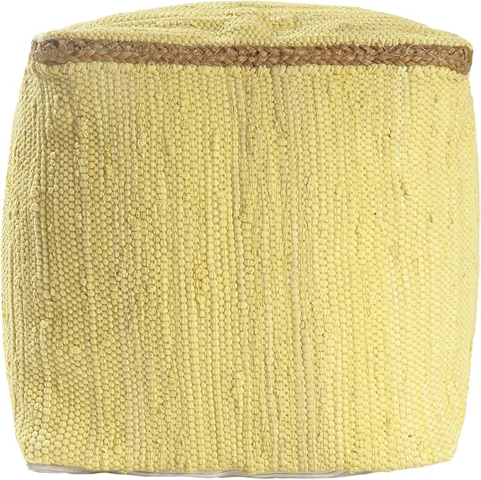LR Home Dusky Citron Bordered Transitional Hand-Loomed Cotton Pouf with Jute Braid | Farmhouse Cube Foot Rest for Bedroom & Living Room Decor | 18 x 18 x 18 Stuffed Ottoman for Seating