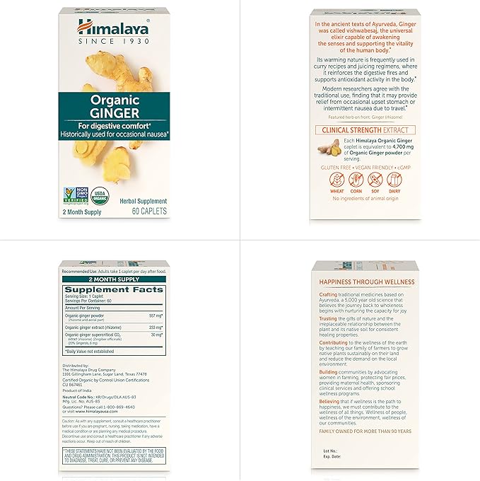 Himalaya Organic Ginger, 60 Day Supply - Digestive Health Supplement for Nausea, Upset Stomach Relief, and Occasional Bloating and Heartburn - USDA Organic, Vegan, Non-GMO, Gluten Free, 60 Caplets