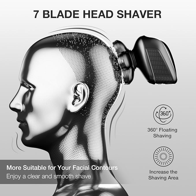 Head Shaver 7D, Wyklaus Head Shavers for Bald Men, Head Electric Razor with Nose Hair Trimmer, Waterproof Wet Dry Mens Grooming Kit, Anti-Pinch (Black)