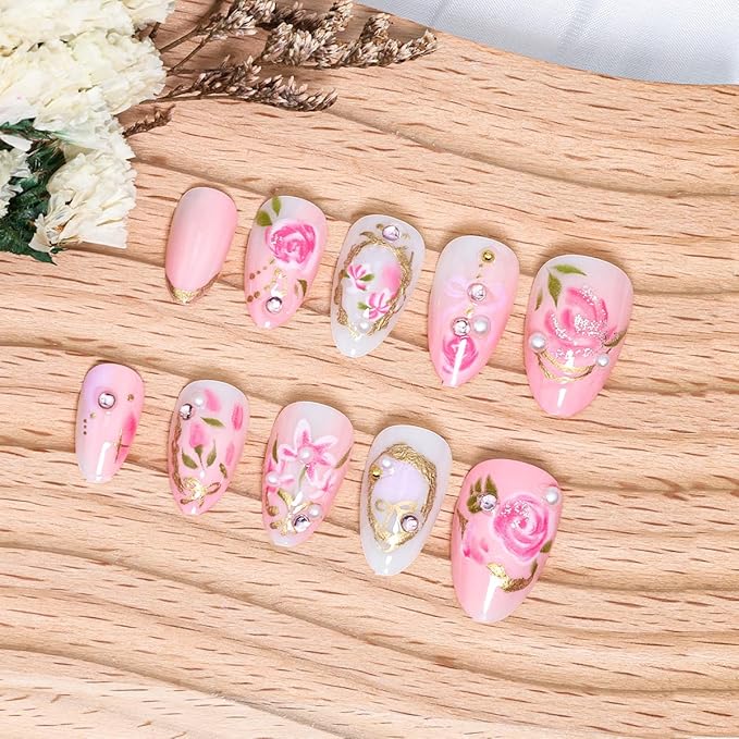 24Pcs Flower Press on Nails Almond Short Fake Nails with Pearl Rhinestones Design Handmade Acrylic Nails Pink Rose Glue on Nail 3D Gold Chrome French Tip False Nails Cute Floral Bow Artificial Nail