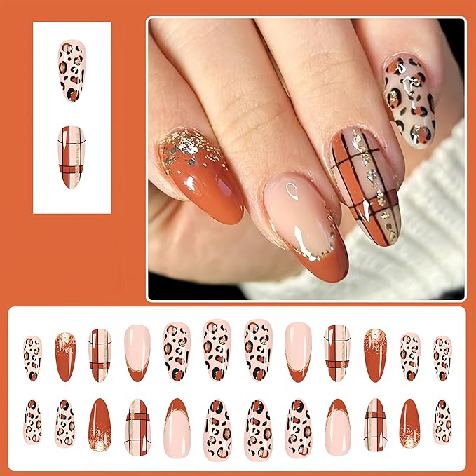 24Pcs Brown Leopard Print French Tip Press on Nails Medium Almond Fake Nails Gold Glitter Leopard Print Designs Cute Plaid False Nails Stick on Nails Fall Winter Maillard Color Glue on Nail for Women