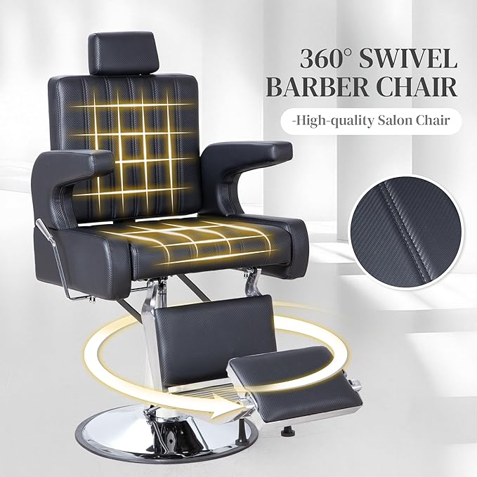 FHFO Barber Salon Hair Chairs for Barbershop, Hydraulic Barber Chair 360°Adjustable PU Leather Beauty Salon Chair for Barbershop Spa Black/Silver