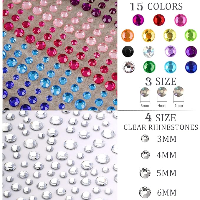 1250 Pcs Self Adhesive Rhinestones for Makeup Eyes 15 Colors Rainbow Rhinestones Face Jewels Face Gems Stick on, DIY Nail Makeup 3mm 4mm 5mm 6mm Rave Festival Accessories Costume for Women