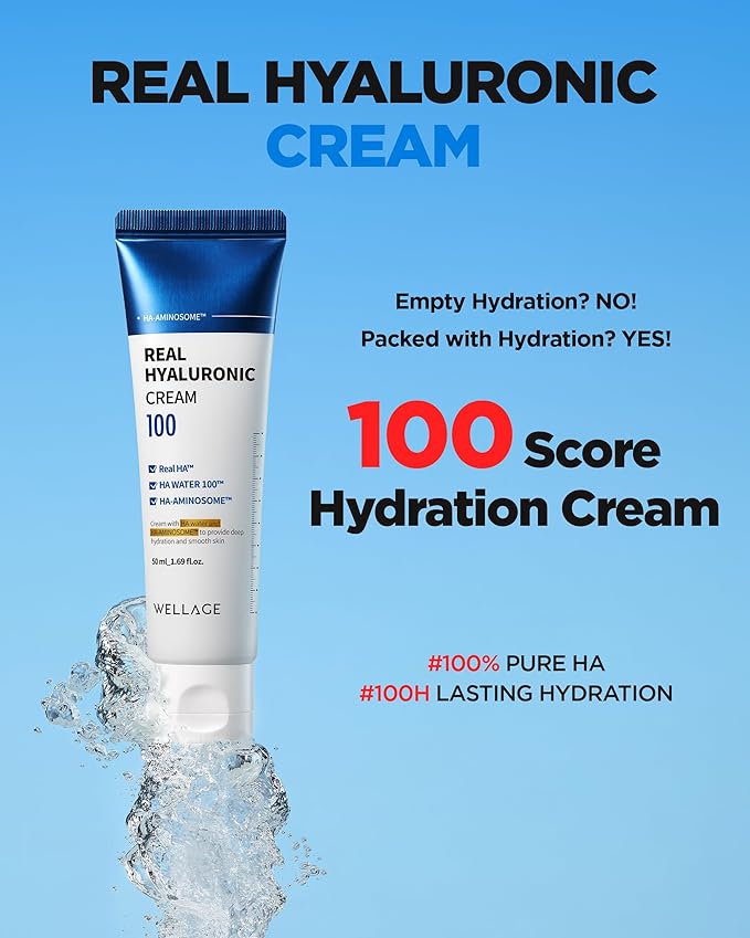 WELLAGE Real Hyaluronic Cream 100, Pure Hyaluronic Acid Korean Face Moisturizer with Ceramide Panthenol Squalane Vitamin B5 Niacinamide - Hydrating face moisturizer, Hypoallergenic, 1.69oz.