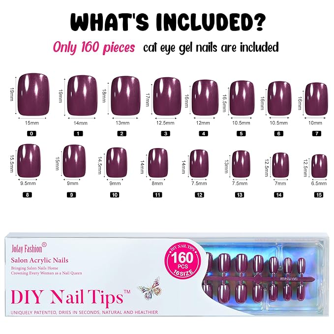 Press on Nails Short Dark Purple - Jofay Fashion Press on Nails Chrome Square, Stick On Nails in 16 Sizes -160PCS Soft Gel Fake Nails Kit for Valentines Day Gift