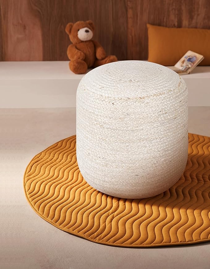 Palisa Jute Pouf Ottoman - Ivory, Boho Foot Rest Stool with Filler for Sofa, Kids Bedroom, Living Room, Outdoor Seat | Hand Woven Comfy Décor Chair Pouffs - 16x16x18 Inches
