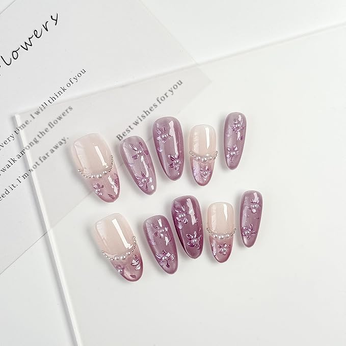 Large-Lavender Pearl Blossom French Tip Press-On 10 Nails Manicure Kit for Women | Custom Handcrafted Nail Glue, Dual Nail File, Cuticle Stick & Buffer Block | Measure Before Ordering