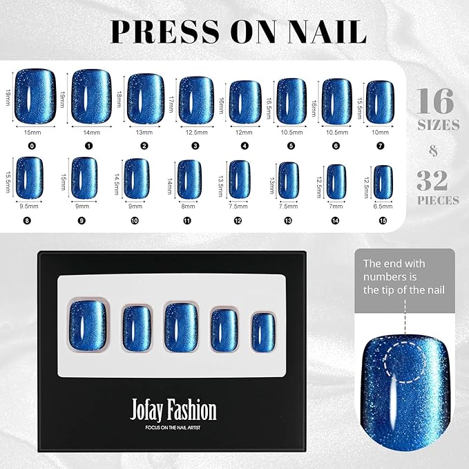 Press on Nails Short Square, Jofay Fashion Blue Cat Eye Press on Nails, Soft Gel Fake Nails, Reusable & Natural Acrylic False Nails, Stick on Nails for Women Girls Gift, Glue on Nails Kit 32 Pcs