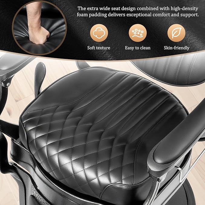 OmySalon Retro Barber Chair Heavy Duty, Aluminum Alloy Frame, Adjustable Headrest, Extra Wide Footrest, Hydraulic Salon Chair for Hair Stylist Reclining All Purpose for Beauty Spa Shampoo, All Black