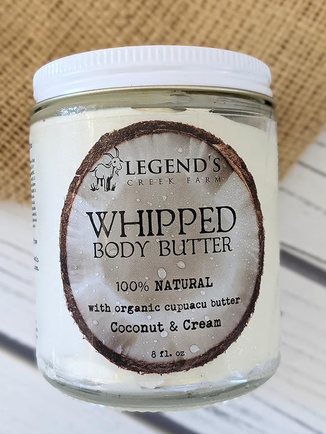 Legend's Creek Farm, Goat Milk Body Butter - Hydrating Natural Body Moisturizer with Organic Shea Butter & Grape Seed Oil - 8 Oz Purifying & Toning Whipped Body Butter (Cupuacu Coconut & Cream)