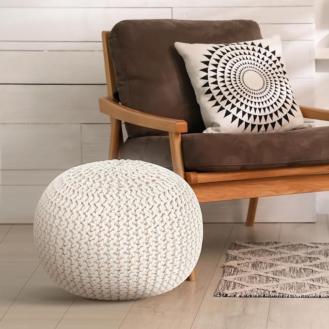 Palisa Round Pouf Ottoman - Ivory, Stuffed Boho Cable Knitted Foot Rest Stool for Couch, Living Room, Outdoor Patio Seat | Hand Woven Chair Pouffs for Kids Bedroom - 20x20x14 Inches