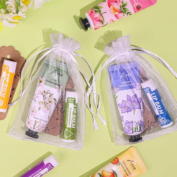 AZEN 64 Sets Bulk Gifts, Hand Cream and Lip Balm Bulk Set with Organza Bag Thank You Card, Baby Shower Wedding Gifts for Guests, Bridal Wedding Favors for Guests,Thank You Gifts for Women