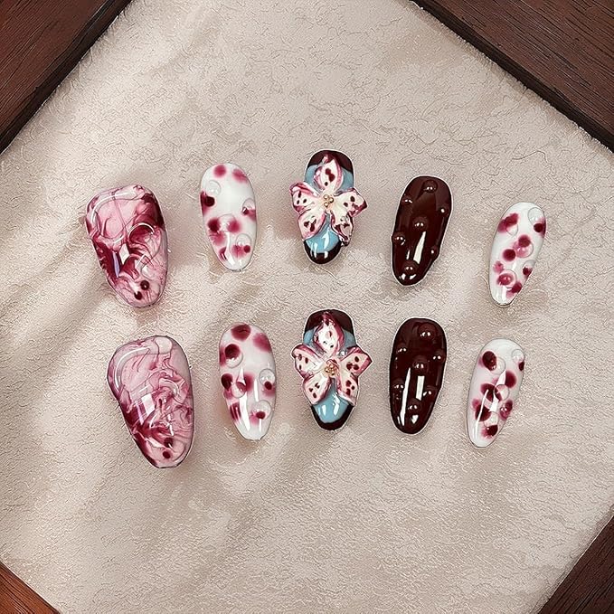 10Pcs Halloween Handmade Press on Nails Medium Almond Fake Nails Red Flower False Nails with 3D Water Droplet Rendering Design Full Cover Artificial Glue on Nails Gothic Stick on Nail for Women DIY