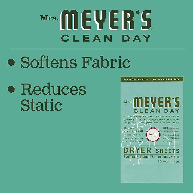MRS. MEYER'S CLEAN DAY Dryer Sheets, Fabric Softener, Reduces Static, Infused with Essential Oils, Basil, 80 Count