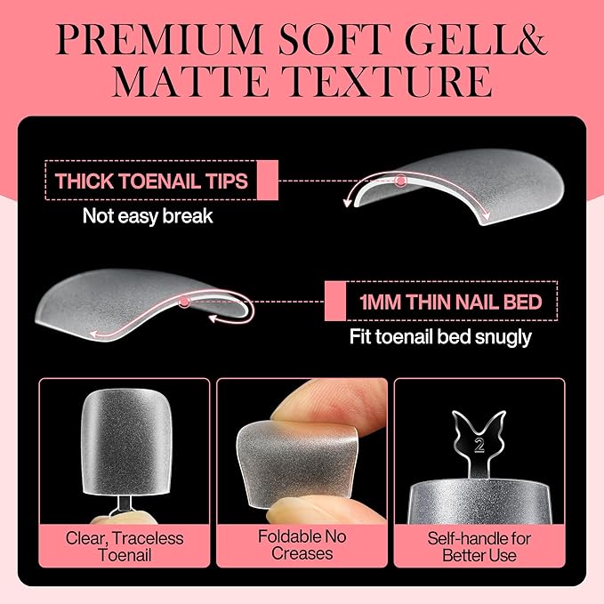 Square Gel Toe Nail Tips: 360Pcs 15 Sizes Full Cover Press On Toenails Long Wider Fake Toe Nails Soft Gel Pre-etched Double Matte For Nail Extensions Home DIY Nail Salon