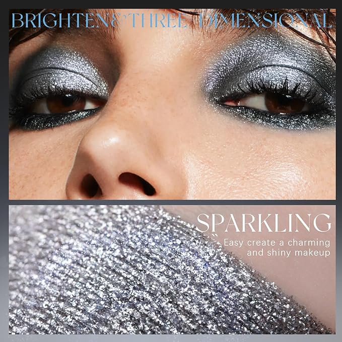 Black Gray Glitter Eyeshadow, Metallic Cool Toned Grey Silver Smoky Single Eyeshadow, Sparkling Inner Corner Eye Highlighter Shimmer Eye Makeup Palette 05