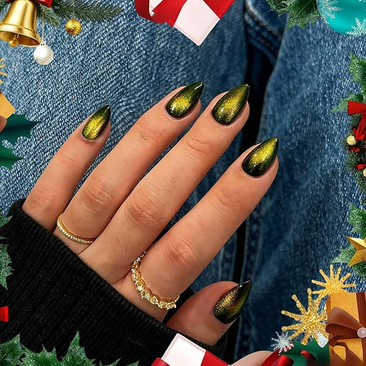 KQueenest Cat Eye Press On Nails Short Almond, Christmas Press On Nails with Glue, Sparkle Gold Black Fake Nails Stiletto, Soft Gel Glue On Nails for Woman, Long-Lasting Glitter Effect, 30 Pcs