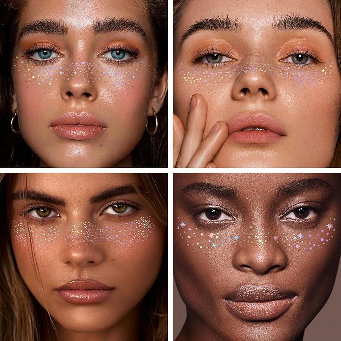 8PCS Glitter Freckles, Glitter Freckles Face Tattoo, Sparkle Freckles for Women and Kids, Cute Star Waterproof Gold Temporary Face Tattoos Glitter Glow Up Patches (8PCSA Holographic Multicolor)