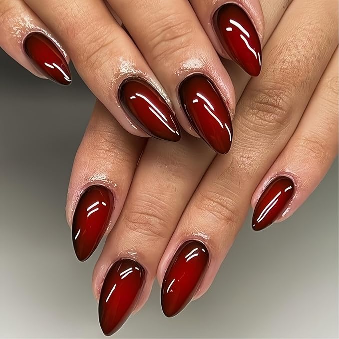 KQueenest Press On Nails Almond - Ombre Red Black Press On Nails Medium Length, French Dark Fake Nails with Nail Glue, Reusable Soft Gel Gradient Black Glue On Nails for Women Christmas, 24 Pcs