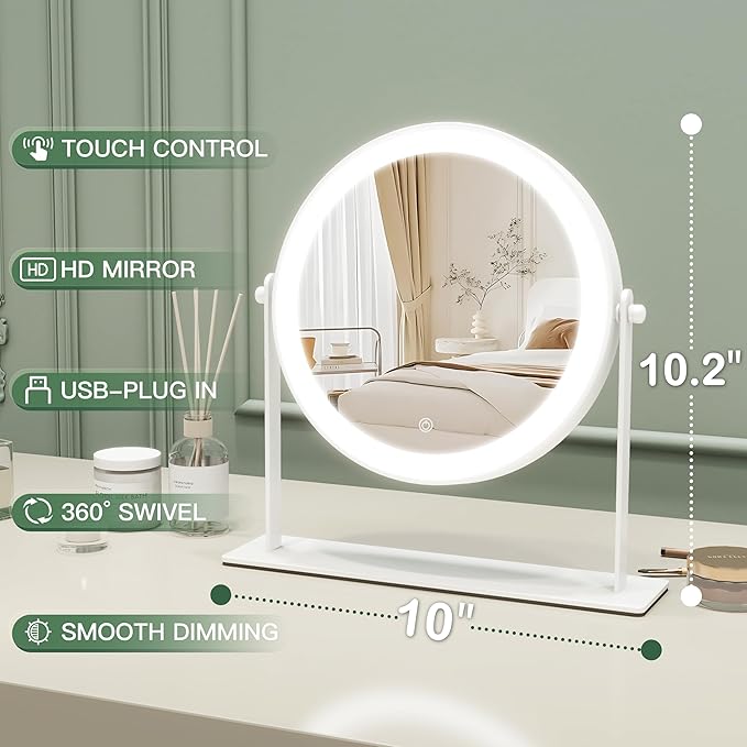 10"x10" Lighted Makeup Mirror, Vanity Mirror with Lights, Dimmable Touch Screen, Light up Mirror, Portable Travel Mirror, Cosmetic Mirror for Makeup Desk, 360° Rotation, White