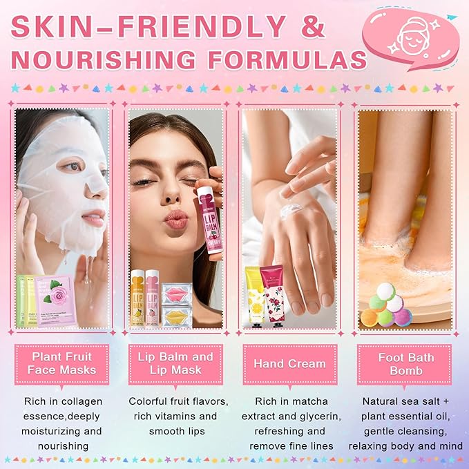 120 PCS Spa Party Supplies for Girls & Women,Spa Party Favors Include Face Masks Skincare,Hand Cream,Lip Balm,Eye Masks,Lip Mask,Foot Bath Bombs,Slumber Sleepover Party Supplies for Girls