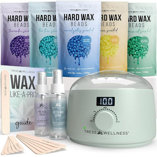 Tress Wellness Waxing Kit for Sensitive Skin – Safe for Face & Skin, Prep & Aftercare Spray, Easy to Use – At-Home Kit for Face, Bikini, Brazilian & Full Body - Digital Display, Green