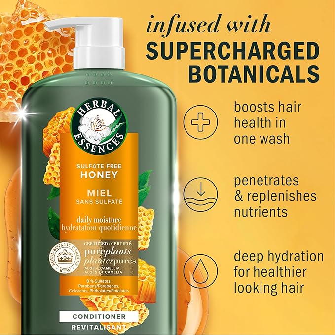 Herbal Essences Honey Daily Moisture Conditioner, Protects and Nourishes Dry Hair, Hydrating Conditioner with Certified Camellia Oil and Aloe Vera, Moisturizing and Safe For All Hair Types, 33.8oz