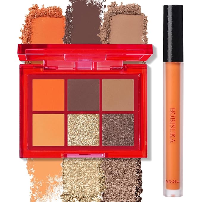 BOBISUKA Makeup Eyeshadow + Matte Lipstick Set, 6 Colors Orange Brown Warm Sunset Shimmer Matte Metallic Fall Eye Shadow Pallet with Orange Liquid Lipstick Makeup Kit for Halloween, Scary Pumpkin
