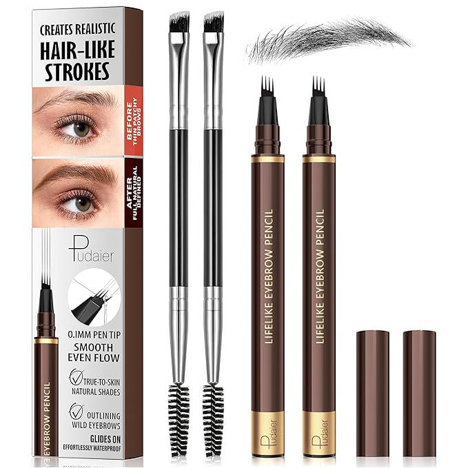 2 Pack 4-Tip Microblading Eyebrow Pen with 2 Brow Brushes, Waterproof Vegan Formula Eyebrow Pencils for Women to Effortlessly Create Natural Hair-Like Strokes, All-Day Wear (Black)
