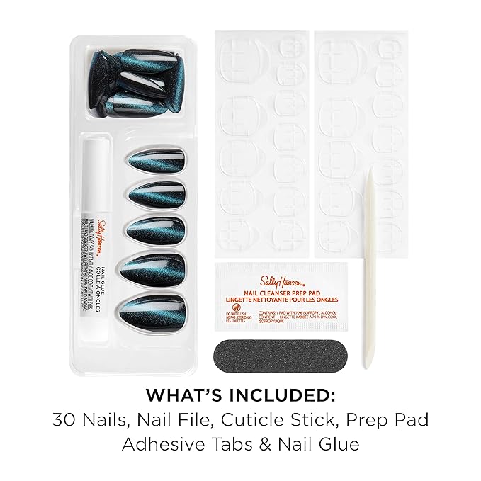 Sally Hansen Salon Effects Perfect Press-On Nails | Almond Shape | Easy to Apply, Non-Damaging | 30 Nails, Nail Glue, Adhesive Tabs, File | Sapphire Spin