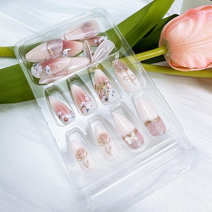 24Pcs Flower Press on Nails Medium Almond Fake Nails with Bow Rhinestones Designs Pink Acrylic Nails Glitter Glue on Nails Cute Floral False Nails Rose Flowers Stick on Nails for Women Nail Supplies