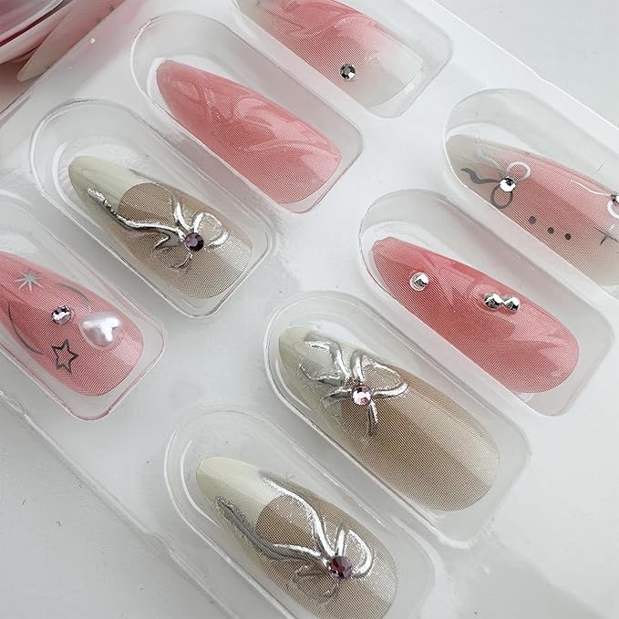 Pink Press on Nails Medium Almond Fake Nails with 3D Silver Bow Bead Pearl Designs White Gradient French Tips Acrylic Nails False Nails Heart Full Cover Glossy Stick on Nails for Women 24Pcs