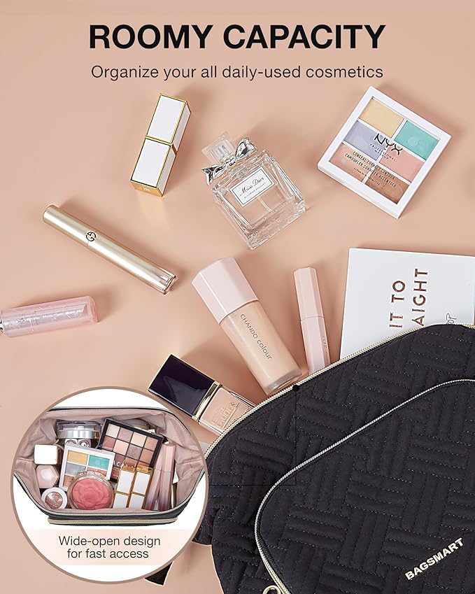 BAGSMART Travel Makeup Bag, Cosmetic Bag Make Up Organizer Case,Large Wide-open Pouch for Women Purse for Toiletries Accessories Brushes