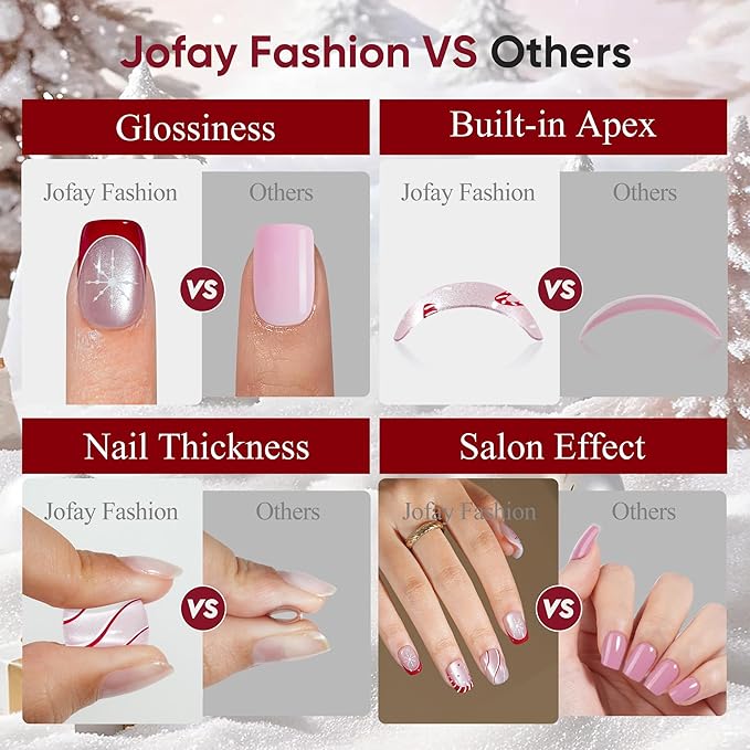 Christmas Press On Nails Short - Jofay Fashion Cat Eye Press On Nails Square, Red Candy Cane Fake Nails with Glue, Glossy Reusable Acrylic Nail Tips in 16 Sizes, Stick On Nails for Women Girls Gift
