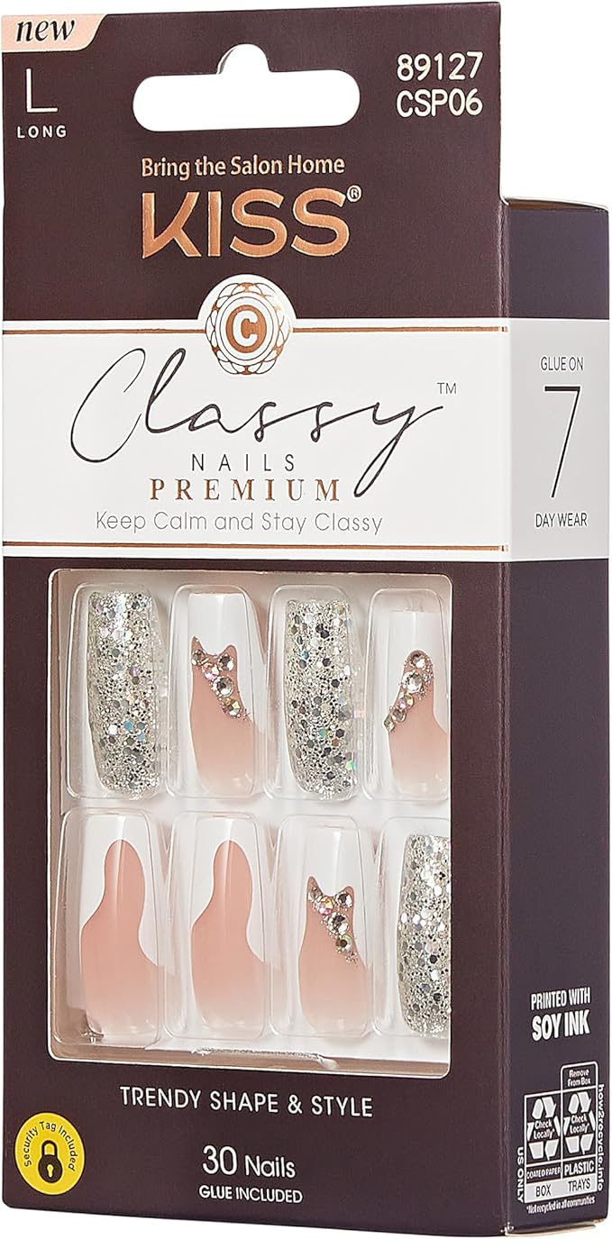 KISS Premium Classy Fake Nails - Stay Modish, Long & Square, Super Glam, Jewel Accents, Waterproof, Smudge Proof, No Dry Time, Durable, Takes Minutes, Quick & Easy | 30 Count
