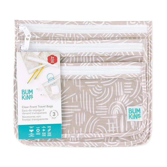 Bumkins Travel Bag, Toiletry, Baby, TSA Approved Pouch, Zip Bag, Quart Size Airline Compliant, Clear-Sided, Diaper Bag Organization, Makeup, Accessories, Set of 3 Sizes, Desert Boho