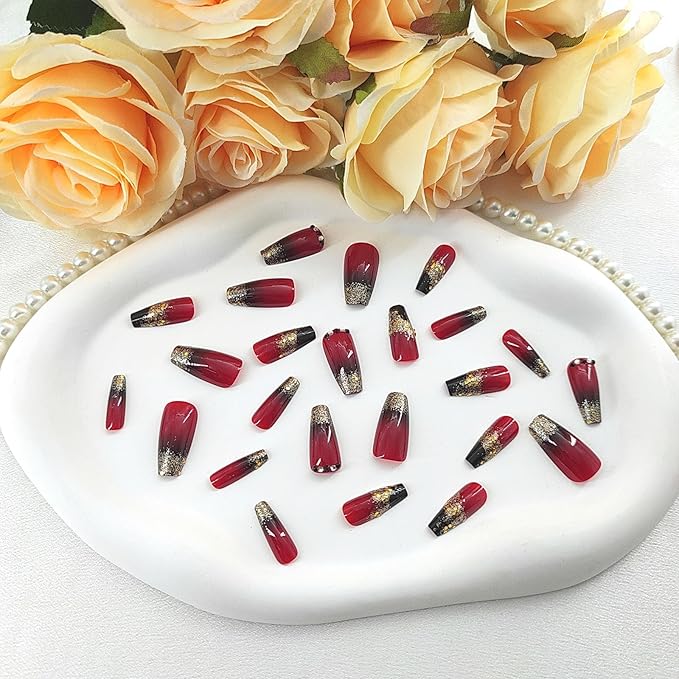 Coffin Press on Nails Medium Black Gradient Acrylic False Nails with Glitter Sequins Design Rhinestones Glue on Nails Claret Full Cover Coffin Nails Press ons Glossy Stick on Nails for Women 24Pcs