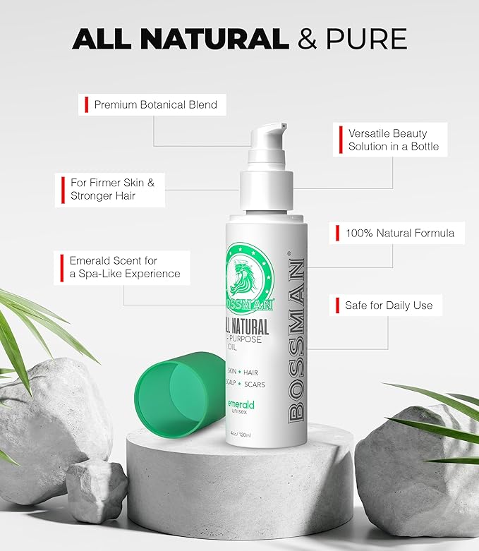 Bossman Skin, Scalp, and Hair Oil for Men & Women - 4 oz Moisturizing Body Oil - Emerald (Green Tea) Scent - Anti-aging, Hydrating, Scar Reducing Solution with Olive, Sunflower, Vitamin E