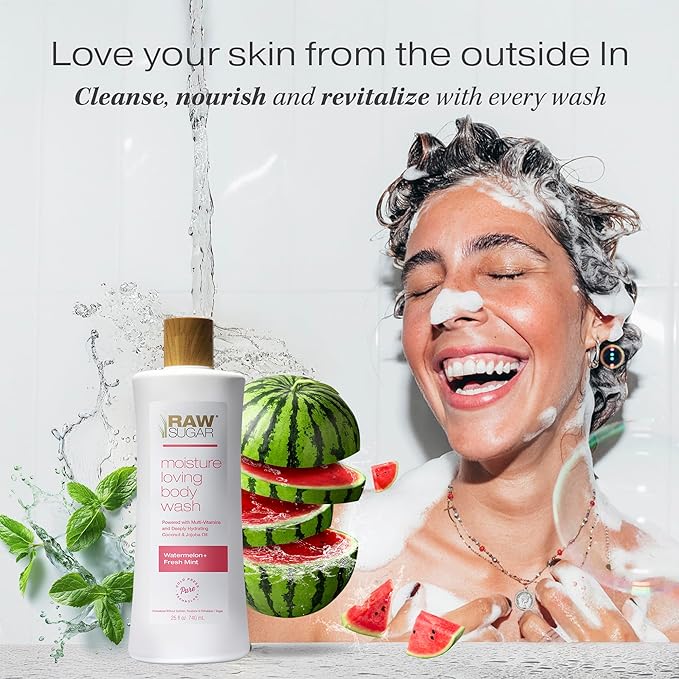 RAW SUGAR Simply Body Wash, (25 Fl Oz, Pack of 1) Bath Soap, Formulated without Sulfates & Parabens (Watermelon + Fresh Mint)