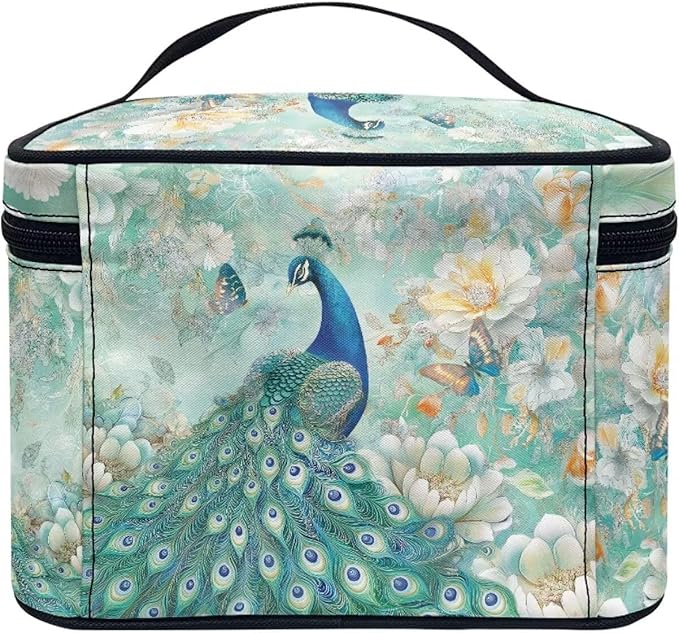 Peacock Butterfly Peony Flower Print Travel Makeup Bags for Women Portable Tote Cosmetic Case with Carry Handle Toiletry Accessories Storage Organizer Bags