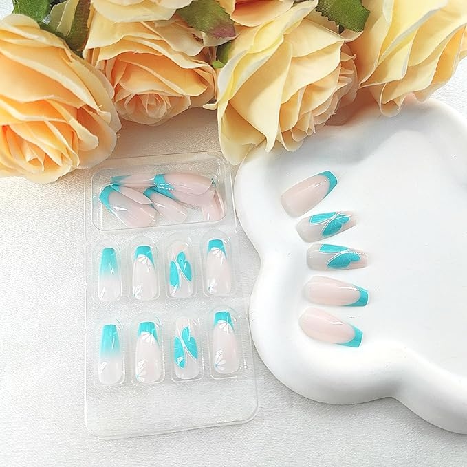 Coffin Press on Nails Medium Blue French Tip Fake Nails with Flower Butterfly Design Gradient Glue on Nails White Full Cover Coffin Nails Press ons Glossy Artificial Stick on Nails for Women 24Pcs