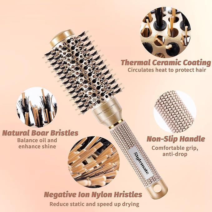 Small Round Brush for Blow Out, (Barrel 1 inch, 25mm) Nano Thermal Ceramic & Ionic Tech Round Barrel Hair Brush with Boar Bristles, Roller Brush for Blow Drying and Styling