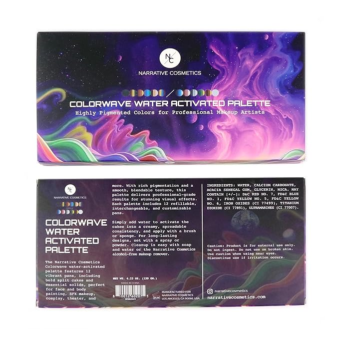 Narrative Cosmetics Colorwave 12-Color Palette - Water-Activated Makeup for Face & Body - Ideal for SFX, Parties, Cosplay, and Theater
