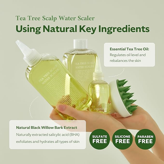 STEAMBASE Tea Tree Scalp Water Scaler | Exfoliator for Itchy Dry Flaky Scalp, Buildup Remover, Treatment for Excess Sebum Oily Greasy Hair | Korean Hair Care Products, Refill 16.9 fl oz