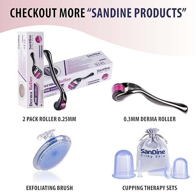 Microneedle Derma Roller - 540 Micro Needle Skin Care System - Ideal to Keep Your Skin Young and Radiant - Titanium for Silky Smooth and Beautiful Skin - Includes FREE E-Book -By Sandine (0.3mm)