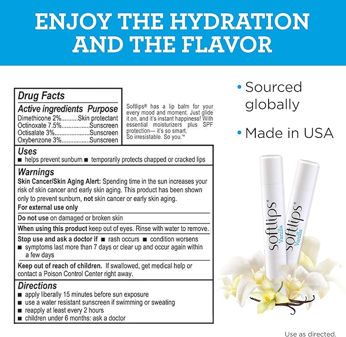 Softlips Daily Lip Moisturizer for Dry Lips, Vanilla Flavored Lip Balm, SPF 20, 2 pk (12x0.14oz)