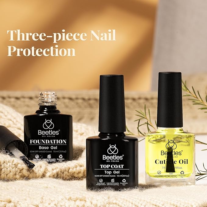 Beetles Gel Base and Top Coat with Cuticle Oil Set, 3Pcs No Wipe Top Gel Glossy Shine Long Lasting, Cuticle Oil Care for Dry Damaged for Stronger Nails Winter Nail Care Kit Gifts for Women