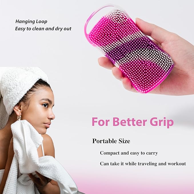 2 PC Silicone Body Scrubber, 2 in 1 Exfoliating Shower Bath Scrubber, Soft Silicone Loofah for Sensitive Skin, Shower Hair Scalp Massager, Easy to Clean, Lather Well (Purple & Yellow)