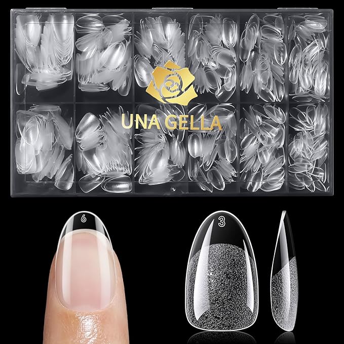 UNA GELLA 600Pcs Short Oval Almond Gel Nail Tips, Round Almond Press on Nails Pre-shaped Soft Gel Clear Fake Nails Tips Full Cover for Nail Extension Home DIY Salon 12 Sizes