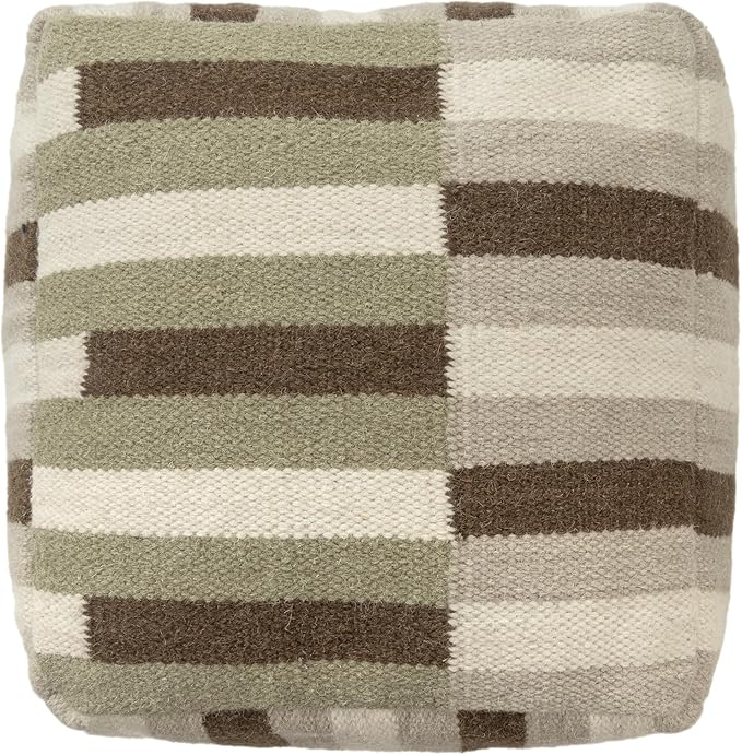 LR Home Handmade Modern Geometric Square Indoor Medium Pouf Ottoman, Ivory/Brown | Wool & Cotton Cube Foot Rest for Home Decor | 18 x 18 x 18 Stuffed Ottoman for Living Room, Bedroom & Dorm